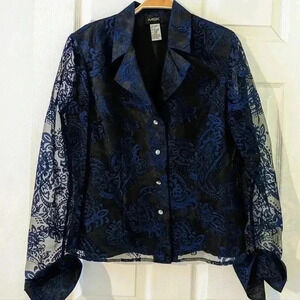 MSK Women's Black & Blue Paisley Print Sheer‎ Button Down Blouse Top Medium